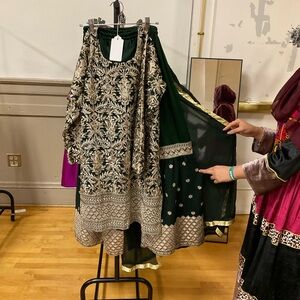 Elegant Green and Gold Embroidered Indian Dress